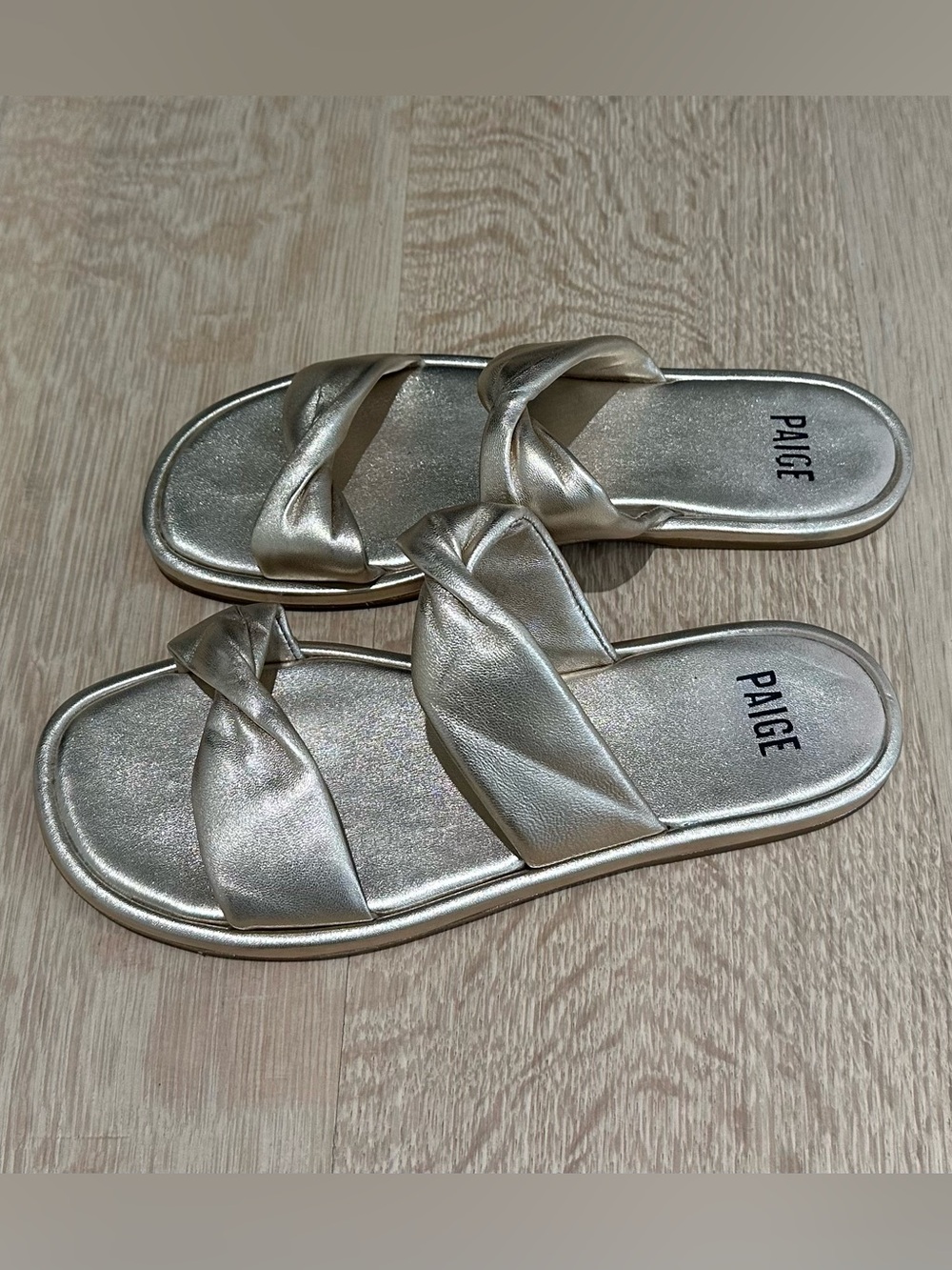PAIGE Metallic Gold Twisted Double-Strap Slide Sandals